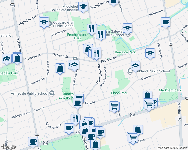 map of restaurants, bars, coffee shops, grocery stores, and more near 57 Chloe Crescent in Markham