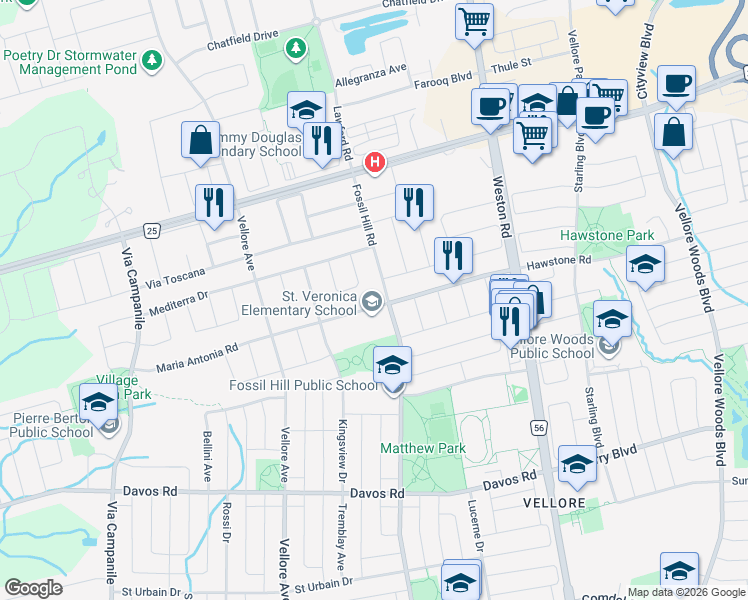 map of restaurants, bars, coffee shops, grocery stores, and more near 171 Maria Antonia Road in Vaughan