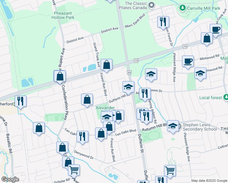 map of restaurants, bars, coffee shops, grocery stores, and more near 122 Benjamin Hood Crescent in Vaughan