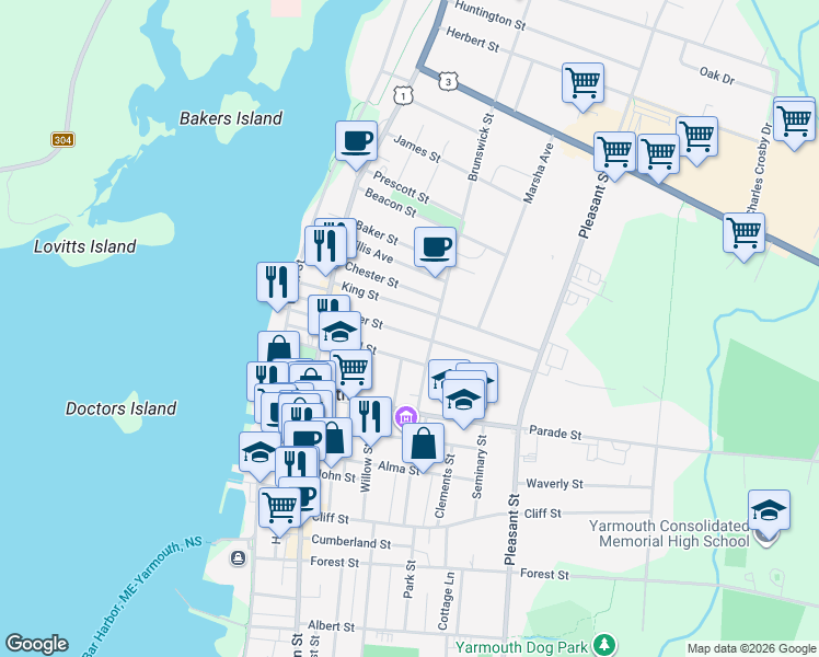 map of restaurants, bars, coffee shops, grocery stores, and more near 30 Porter Street in Yarmouth