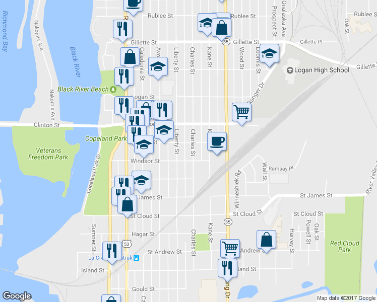 map of restaurants, bars, coffee shops, grocery stores, and more near 1119 Charles Street in La Crosse