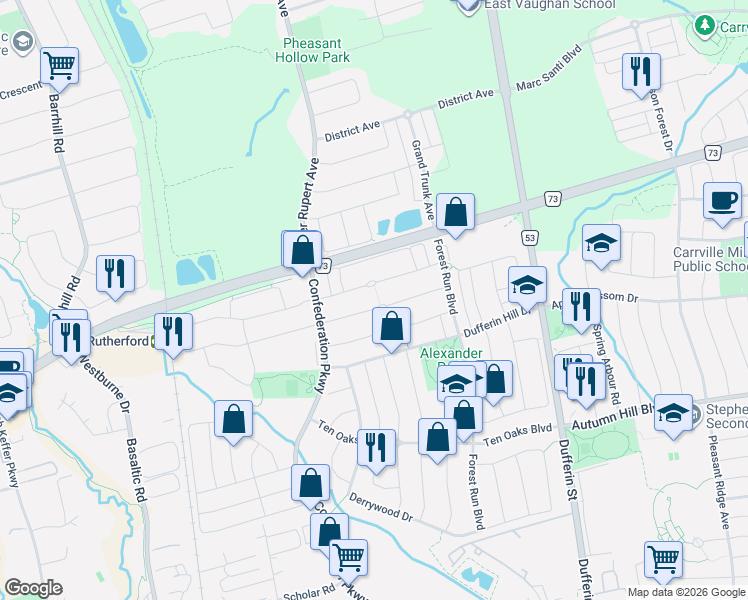 map of restaurants, bars, coffee shops, grocery stores, and more near 80 Belvia Drive in Vaughan