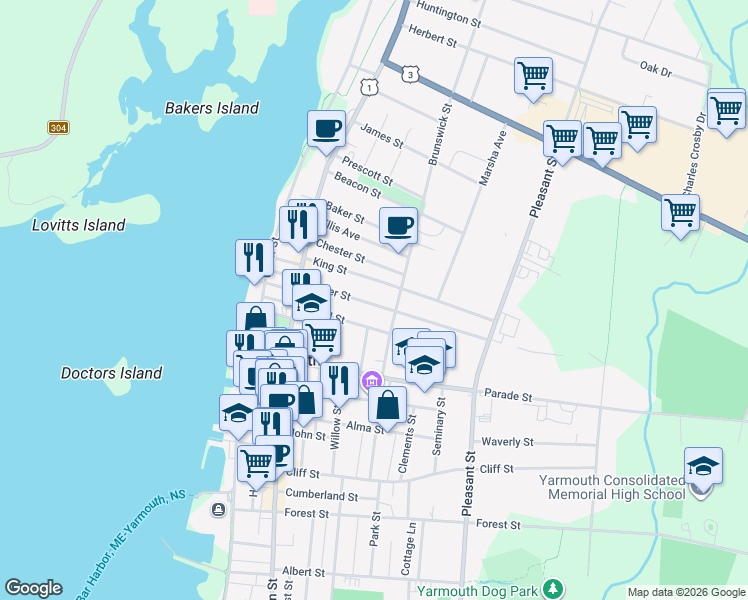 map of restaurants, bars, coffee shops, grocery stores, and more near 30 Porter Street in Yarmouth