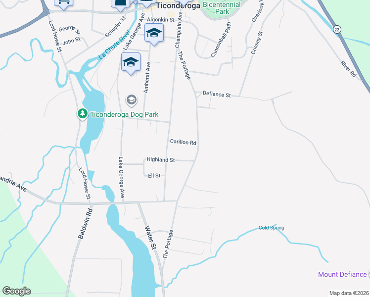 map of restaurants, bars, coffee shops, grocery stores, and more near 3-17 E Putnam St in Ticonderoga