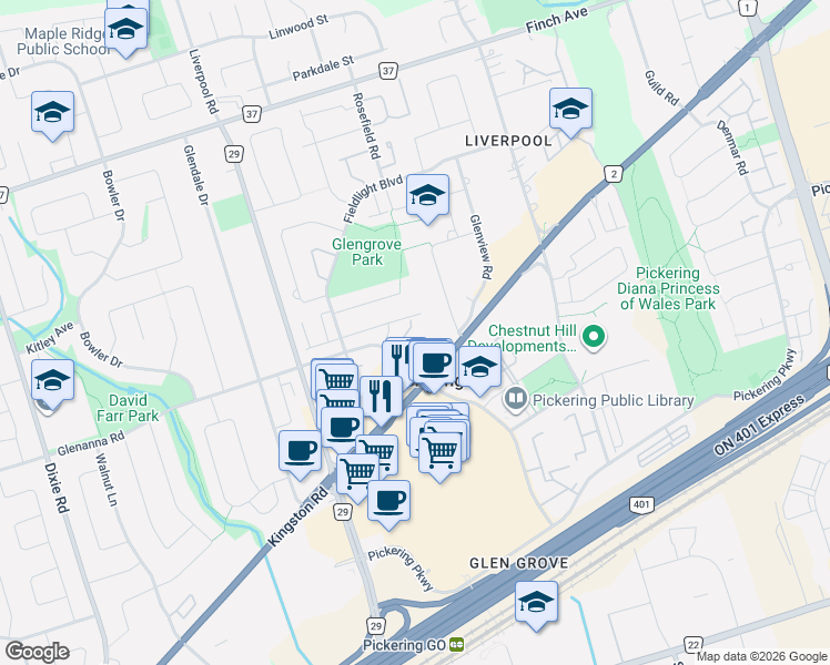 map of restaurants, bars, coffee shops, grocery stores, and more near 1360 Glenanna Road in Pickering