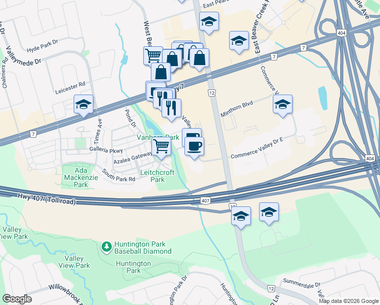 map of restaurants, bars, coffee shops, grocery stores, and more near 125 Commerce Valley Drive West in Markham