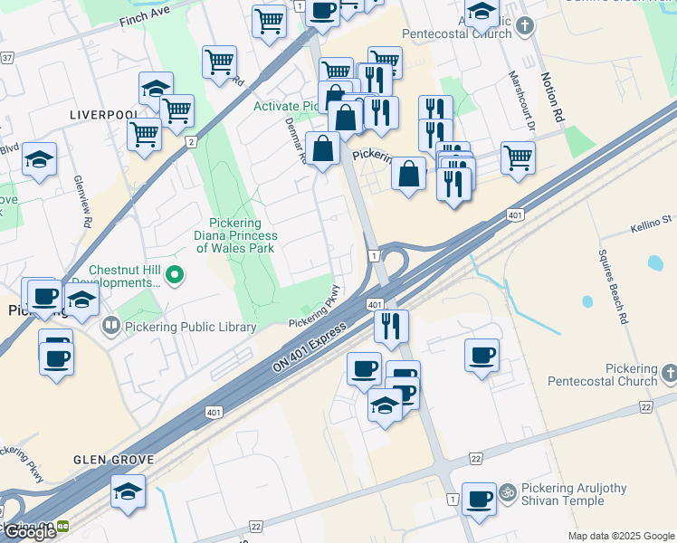 map of restaurants, bars, coffee shops, grocery stores, and more near 1635 Pickering Parkway in Pickering