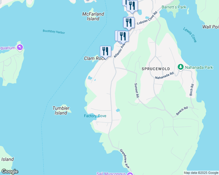 map of restaurants, bars, coffee shops, grocery stores, and more near 183 Atlantic Avenue in Boothbay Harbor