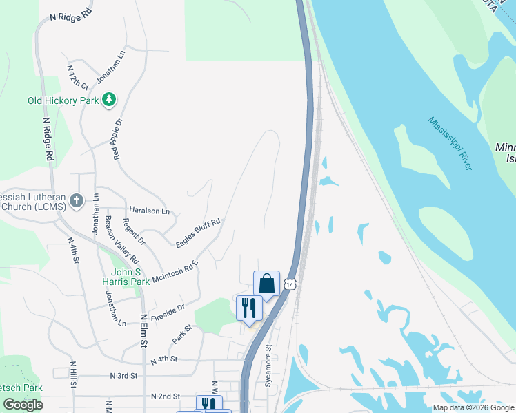 map of restaurants, bars, coffee shops, grocery stores, and more near 53 McIntosh Road East in La Crescent