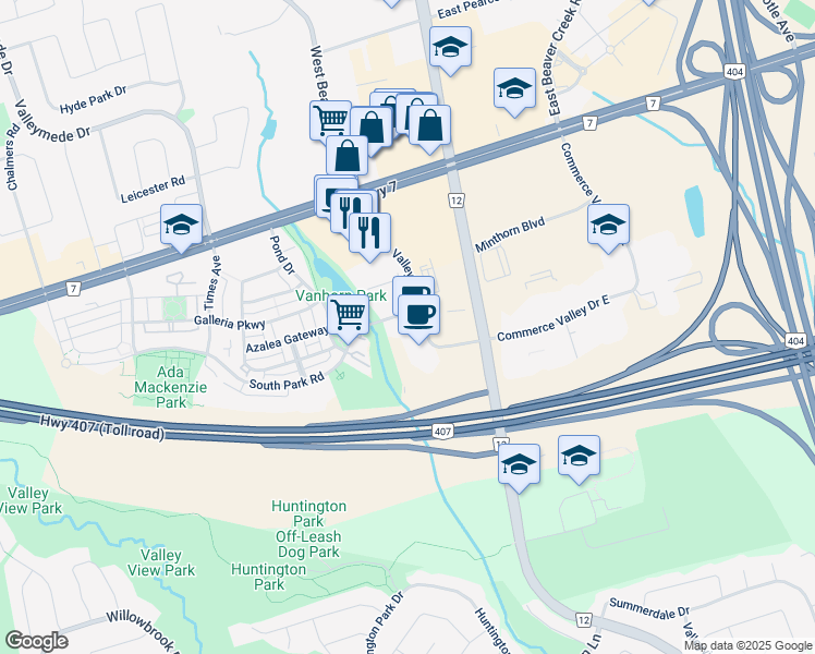 map of restaurants, bars, coffee shops, grocery stores, and more near 165 Commerce Valley Drive West in Markham