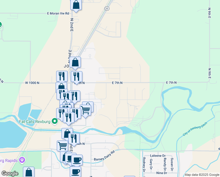 map of restaurants, bars, coffee shops, grocery stores, and more near 114-330 East 7th North in Rexburg