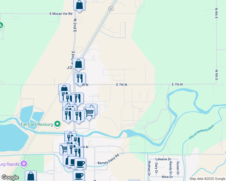 map of restaurants, bars, coffee shops, grocery stores, and more near 114-330 East 7th North in Rexburg