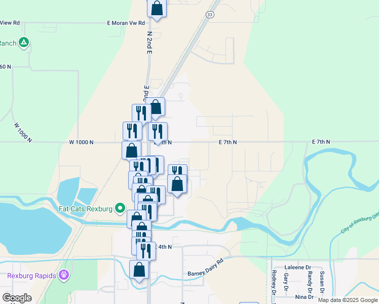 map of restaurants, bars, coffee shops, grocery stores, and more near 114-330 E 7th N in Rexburg