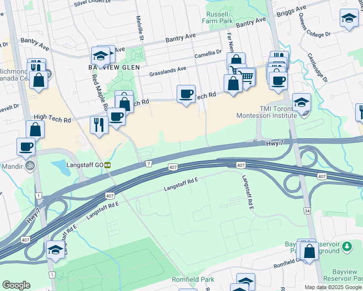 map of restaurants, bars, coffee shops, grocery stores, and more near in Richmond Hill