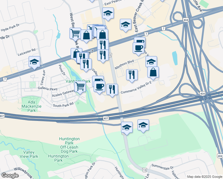 map of restaurants, bars, coffee shops, grocery stores, and more near in Markham