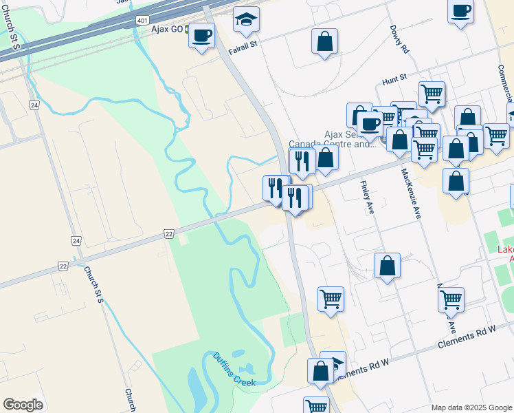 map of restaurants, bars, coffee shops, grocery stores, and more near 493 Bayly Street West in Ajax
