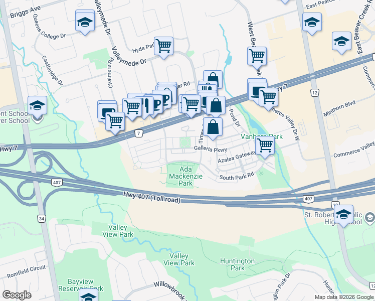 map of restaurants, bars, coffee shops, grocery stores, and more near 53 Galleria Parkway in Markham