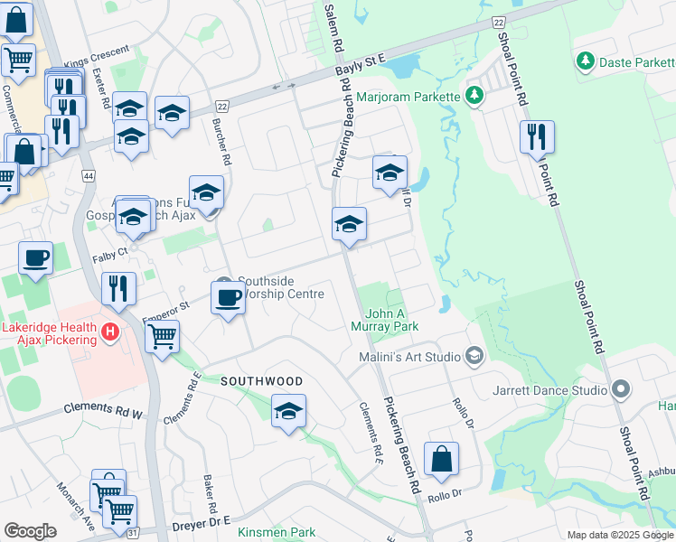 map of restaurants, bars, coffee shops, grocery stores, and more near 1 Tulloch Drive in Ajax
