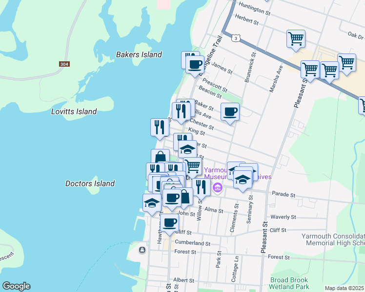 map of restaurants, bars, coffee shops, grocery stores, and more near 435 Main Street in Yarmouth