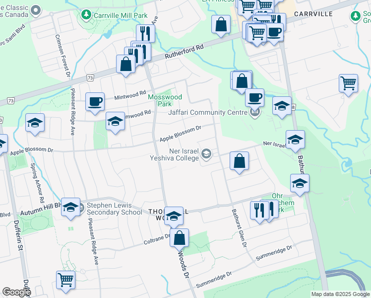 map of restaurants, bars, coffee shops, grocery stores, and more near 35 Bristlewood Crescent in Vaughan