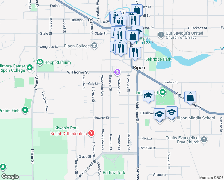 map of restaurants, bars, coffee shops, grocery stores, and more near 540 Ransom Street in Ripon