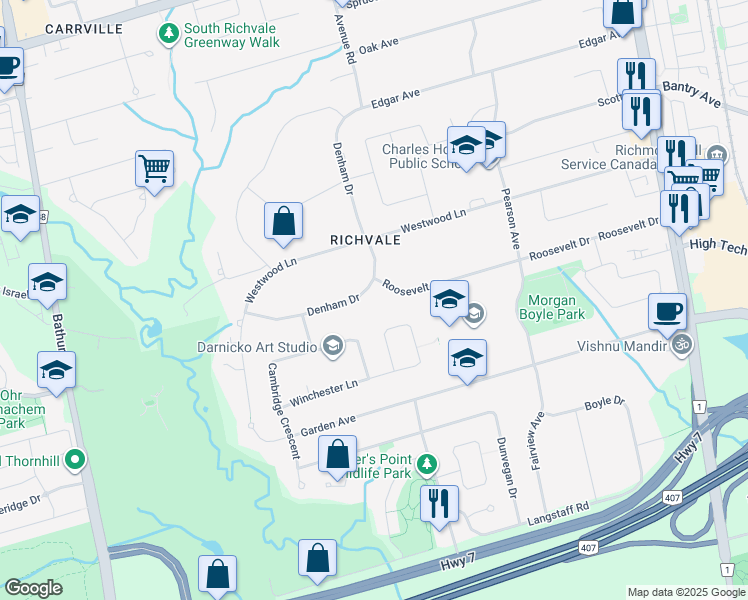 map of restaurants, bars, coffee shops, grocery stores, and more near 31 Denham Drive in Richmond Hill