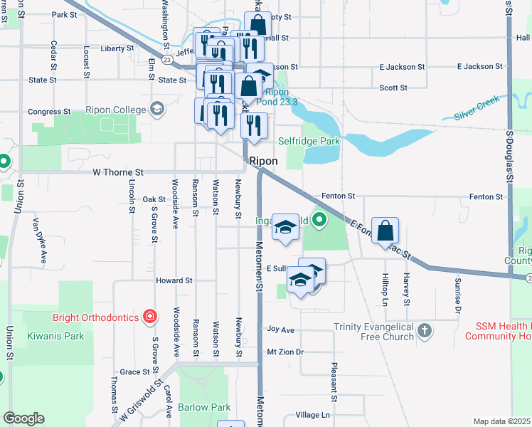 map of restaurants, bars, coffee shops, grocery stores, and more near 535 Metomen Street in Ripon