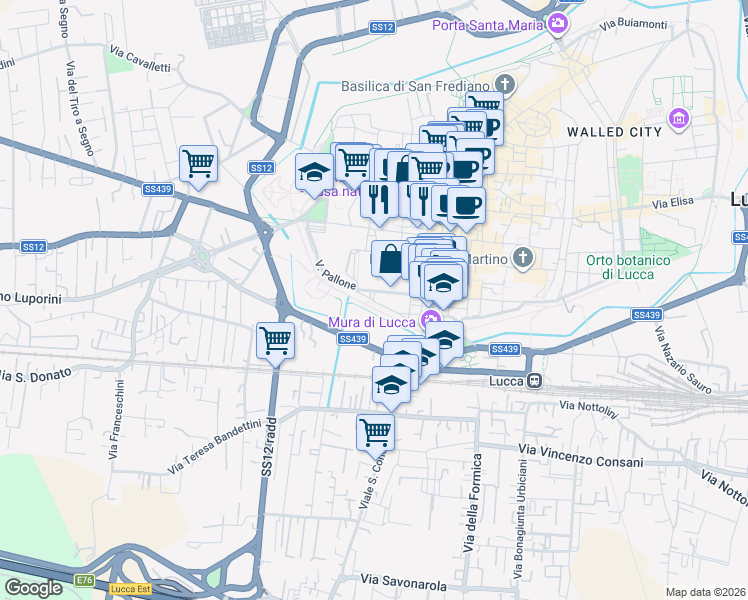 map of restaurants, bars, coffee shops, grocery stores, and more near 38 Via della Cittadella in Lucca