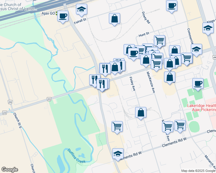map of restaurants, bars, coffee shops, grocery stores, and more near 425 Bayly Street West in Ajax