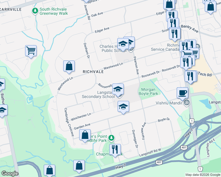 map of restaurants, bars, coffee shops, grocery stores, and more near 63 Roosevelt Drive in Richmond Hill