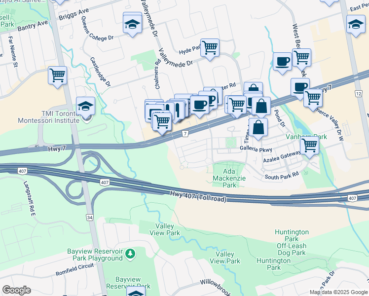 map of restaurants, bars, coffee shops, grocery stores, and more near 9 Gandhi Lane in Markham