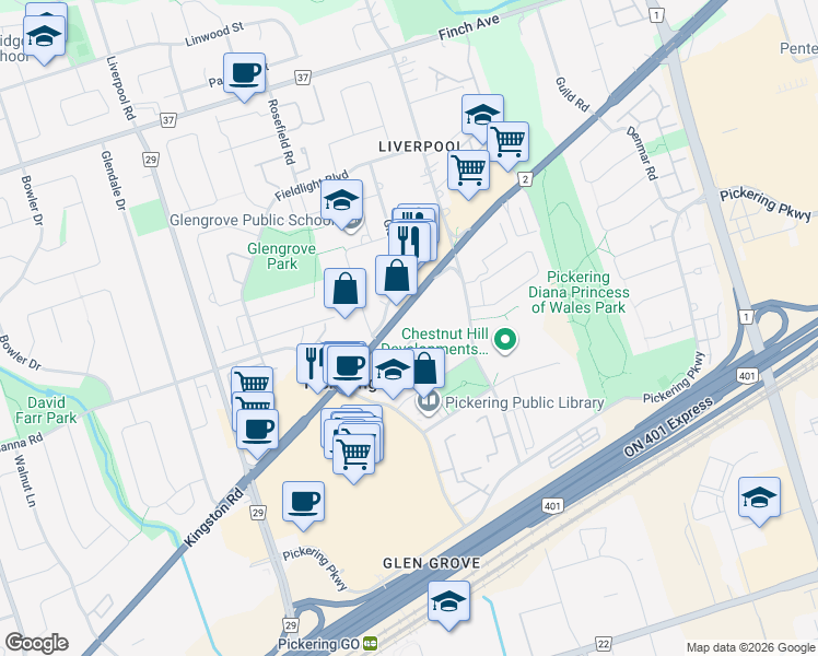 map of restaurants, bars, coffee shops, grocery stores, and more near 1200 The Esplanade North in Pickering