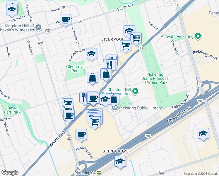 map of restaurants, bars, coffee shops, grocery stores, and more near 1200 The Esplanade North in Pickering