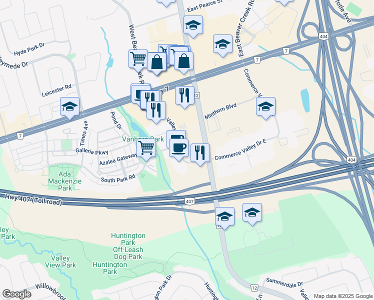 map of restaurants, bars, coffee shops, grocery stores, and more near 150 Commerce Valley Drive in Markham