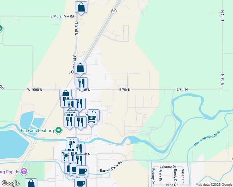 map of restaurants, bars, coffee shops, grocery stores, and more near 114-330 East 7th North in Rexburg