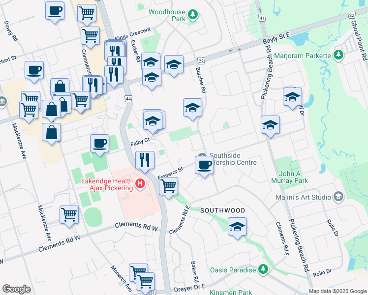 map of restaurants, bars, coffee shops, grocery stores, and more near 24 Aldonschool Court in Ajax