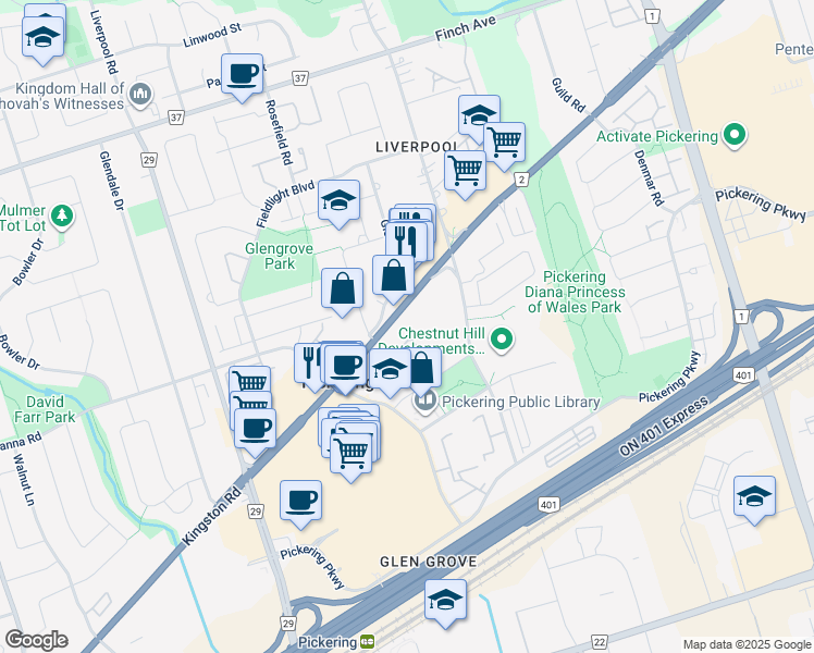 map of restaurants, bars, coffee shops, grocery stores, and more near in Pickering