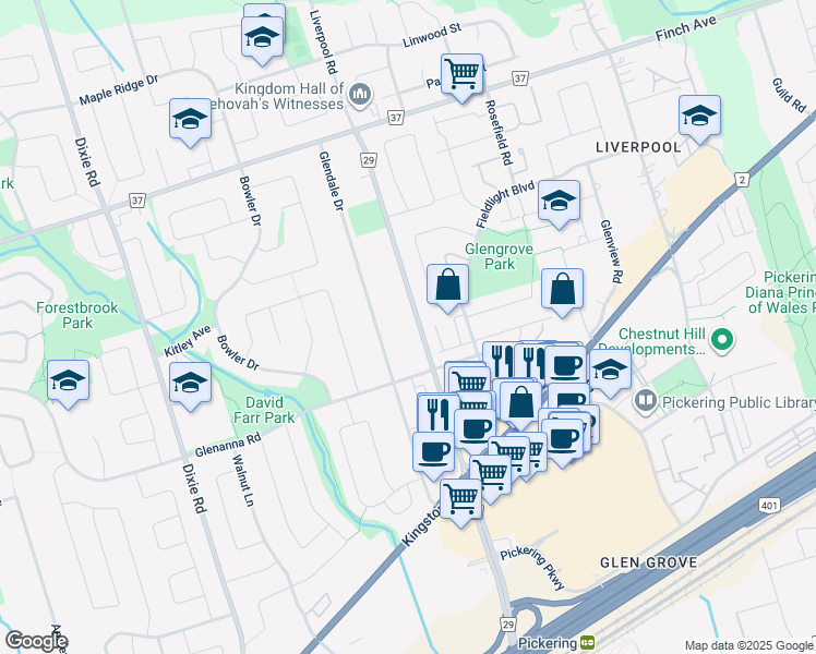 map of restaurants, bars, coffee shops, grocery stores, and more near 1915 Glendale Drive in Pickering