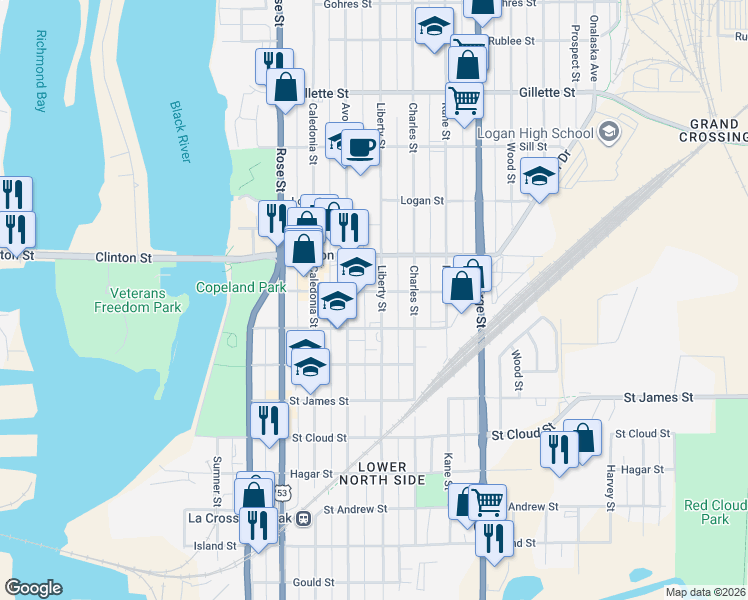 map of restaurants, bars, coffee shops, grocery stores, and more near 1202 Liberty Street in La Crosse