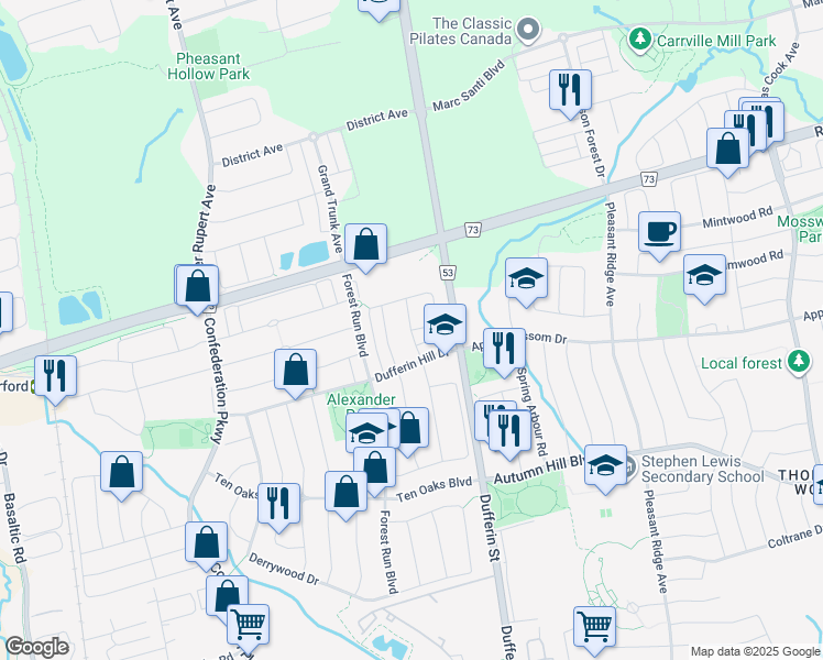 map of restaurants, bars, coffee shops, grocery stores, and more near Benjamin Hood Crescent in Vaughan