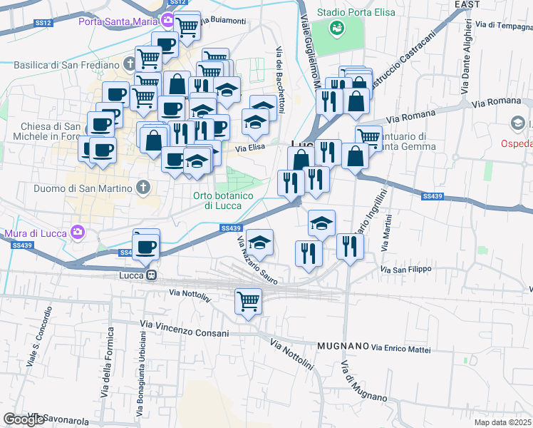 map of restaurants, bars, coffee shops, grocery stores, and more near in Lucca