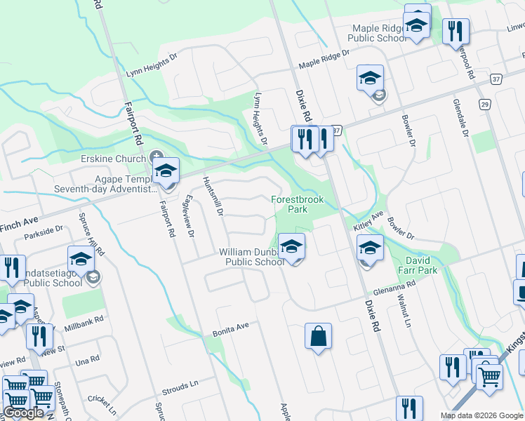 map of restaurants, bars, coffee shops, grocery stores, and more near 979 Redbird Crescent in Pickering