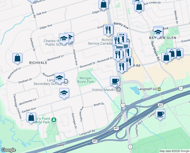 map of restaurants, bars, coffee shops, grocery stores, and more near 50 Eleanor Circle in Richmond Hill