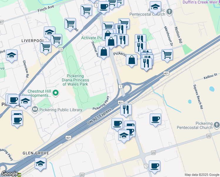 map of restaurants, bars, coffee shops, grocery stores, and more near in Pickering