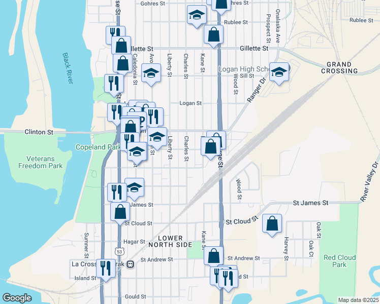 map of restaurants, bars, coffee shops, grocery stores, and more near 1206 Charles Street in La Crosse