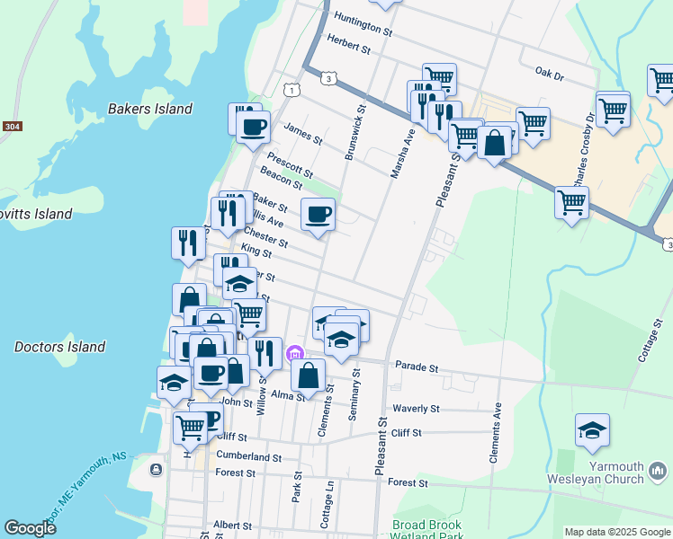 map of restaurants, bars, coffee shops, grocery stores, and more near 52 King Street in Yarmouth