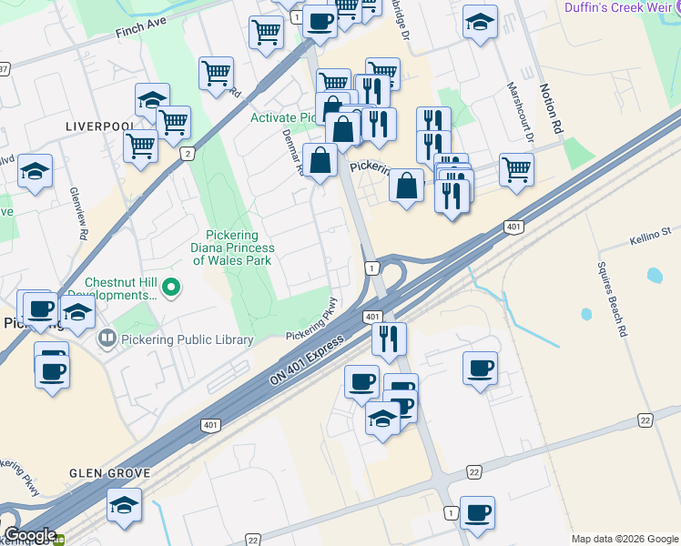 map of restaurants, bars, coffee shops, grocery stores, and more near 1635 Pickering Parkway in Pickering