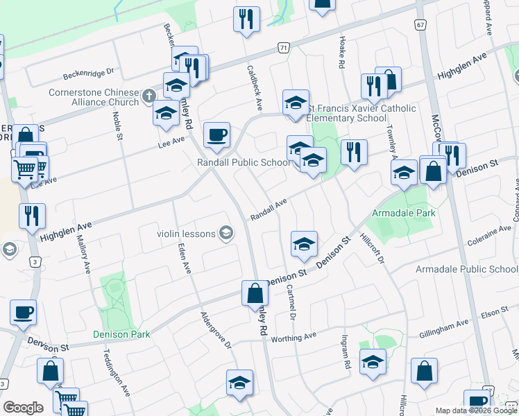 map of restaurants, bars, coffee shops, grocery stores, and more near 12 Randall Avenue in Markham