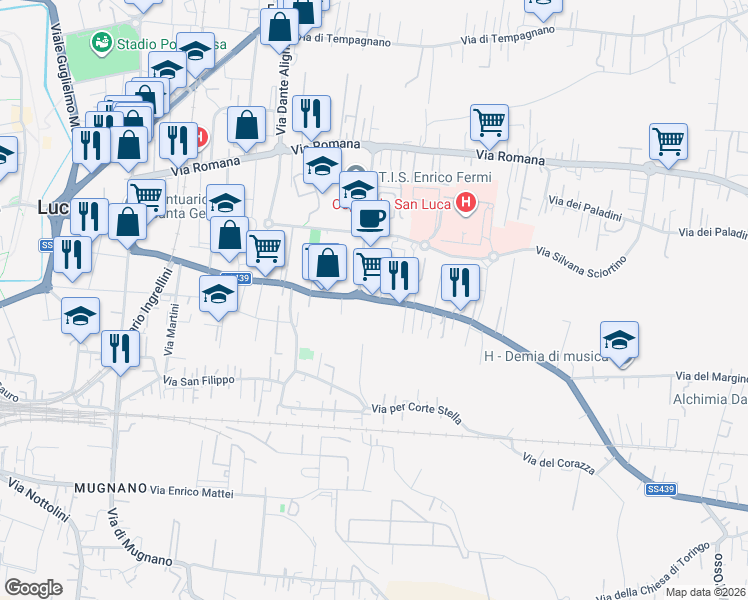 map of restaurants, bars, coffee shops, grocery stores, and more near in Lucca