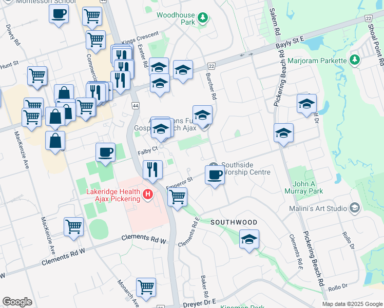map of restaurants, bars, coffee shops, grocery stores, and more near 65 Aldonschool Court in Ajax
